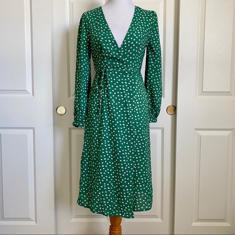 SHEIN x Madelaine Petsch Green Surplice Wrap‎ Tie Waist Polka Dot Dress Sz XS